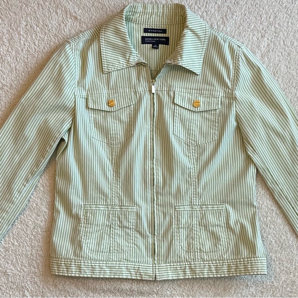 Jones New York Signature Stripped Jacket, Size Medium, Green Mist